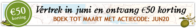 Vertrek in juni en ontvang &eur;50 korting. Boek tot maart met actiecode: JUN20. Vertrek in juni en ontvang &eur;50 korting. Boek tot maart met actiecode: JUN20.